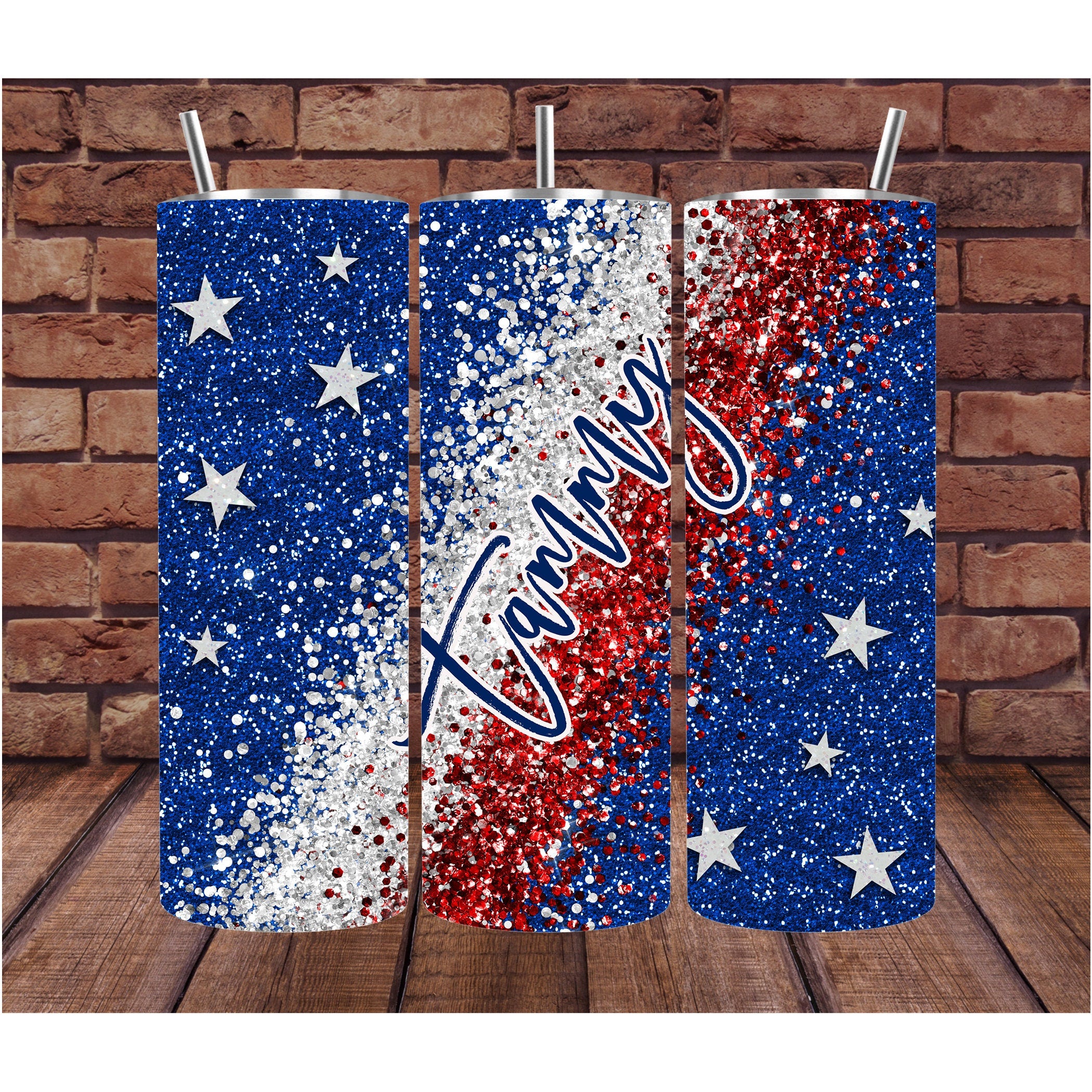 Glitter Personalized Tumbler - Custom Gift for Her - 20 oz Drinkware with Name - Red White Blue