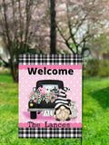 Personalized Welcome Gnome Fall Garden Flag  Custom 12x18 Family Name  Pink Design