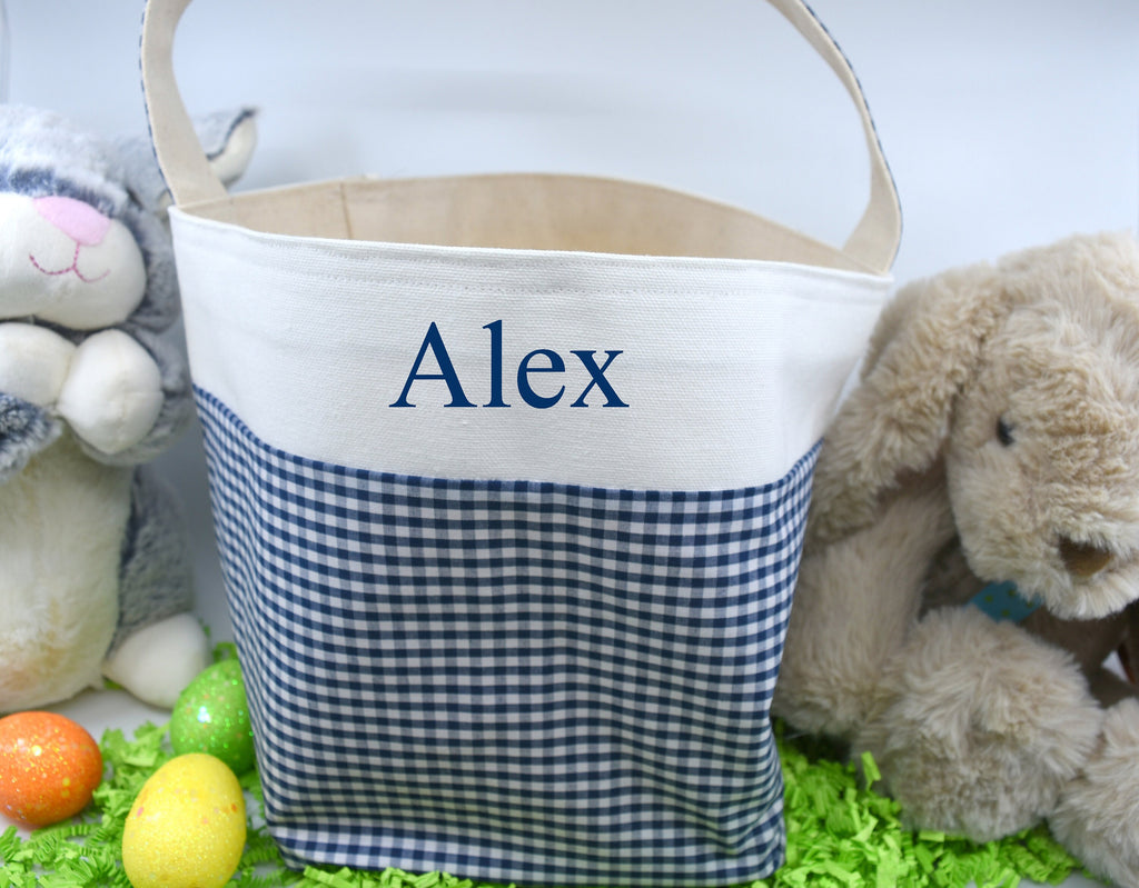 Personalized Easter Basket | Easter Bucket | Egg Basket | Kids Tote | Easter Bunny Bag | Bunny Tote | Blue Gingham Basket | Easter Bunny