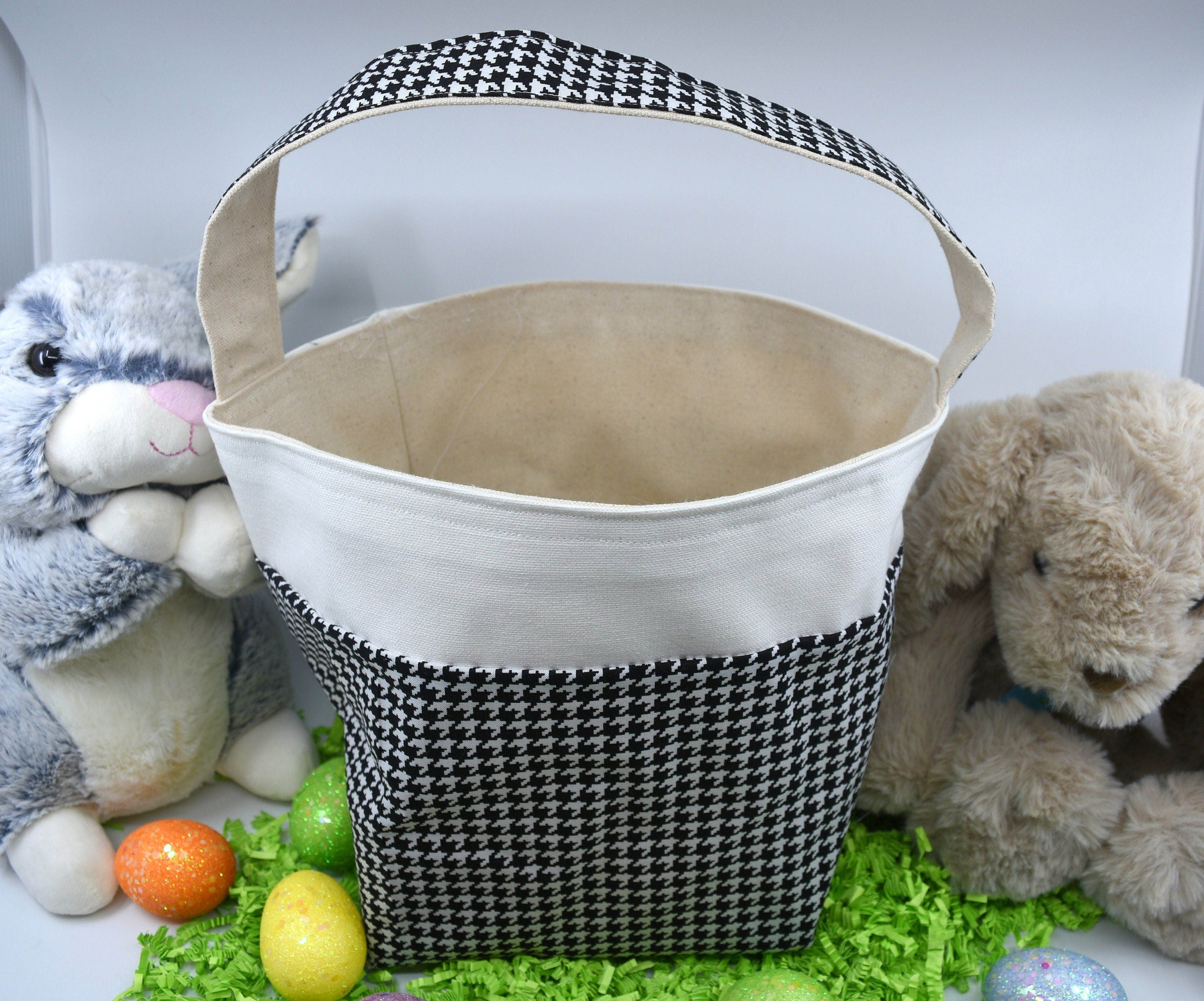 Easter Basket | Easter Bucket | Egg Basket | Kids Tote | Easter Bunny Bag | Bunny Tote | Houndstooth Basket | Egg Hunt Bag | Handmade Bucket