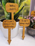 Wood Plant Stakes | Bathroom Humor for Gardeners | Great gift for Indoor or Potted Plants | Set of 5 Stained Wooden Stakes | Well Shit