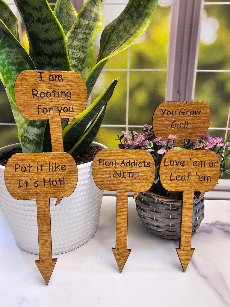 Wood Plant Stakes | Funny Puns for Gardeners | Great gift for Indoor or Potted Plants | Set of 5 Stained Wooden Stakes