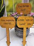 Wood Plant Stakes | Funny Puns for Gardeners | Great gift for Indoor or Potted Plants | Set of 5 Stained Wooden Stakes