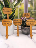 Wood Plant Stakes | Funny Humor for Gardeners | Great gift for Indoor or Potted Plants | Set of 5 Stained Wooden Stakes | Talking Plants