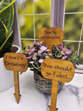 Wood Plant Stakes | Funny Humor for Gardeners | Great gift for Indoor or Potted Plants | Set of 5 Stained Wooden Stakes | Talking Plants