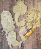 Wood DIY Paint Party Mermaid Themed Coloring Kit 4 Mermaids with Paint or Crayons | Kids Boredom Buster, Activity Kit or Party gifts