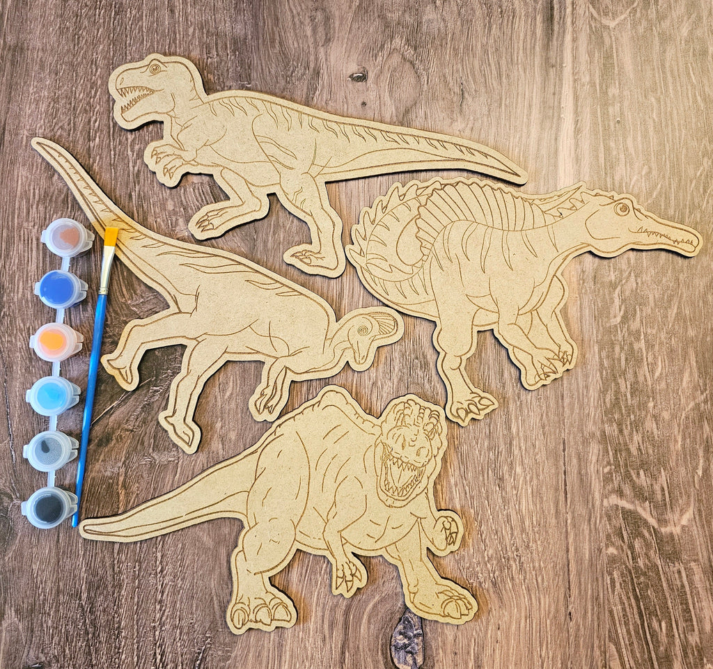 Wood DIY Paint Party Dinosaur Themed Coloring Kit 4 Dinosaurs with Paint or Crayons | Kids Boredom Buster, Activity Kit or Party gifts