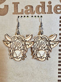 Wood Handmade Highland Cow Dangle Earrings | Cute Cow Engraved Hanging Earrings | Beautiful Jewelry Gift | Lightweight Wood Earrings