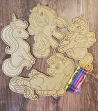 Wood DIY Paint Party Unicorn Themed Coloring Kit 4 Unicorns with Paint or Crayons | Kids Boredom buster, activity kit or Party gifts