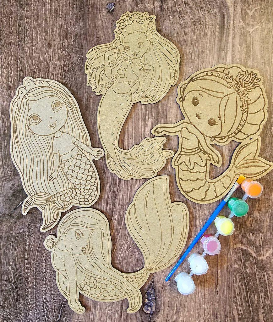 Wood DIY Paint Party Mermaid Themed Coloring Kit 4 Mermaids with Paint or Crayons | Kids Boredom Buster, Activity Kit or Party gifts