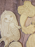 Wood DIY Paint Party Mermaid Themed Coloring Kit 4 Mermaids with Paint or Crayons | Kids Boredom Buster, Activity Kit or Party gifts