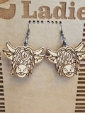 Wood Handmade Highland Cow Dangle Earrings | Cute Cow Engraved Hanging Earrings | Beautiful Jewelry Gift | Lightweight Wood Earrings