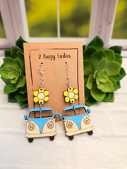 Wood Handmade Hippie Van Dangle Earrings | Cute Van Engraved Hanging Earrings | Beautiful Jewelry Gift | Lightweight Wood Earrings
