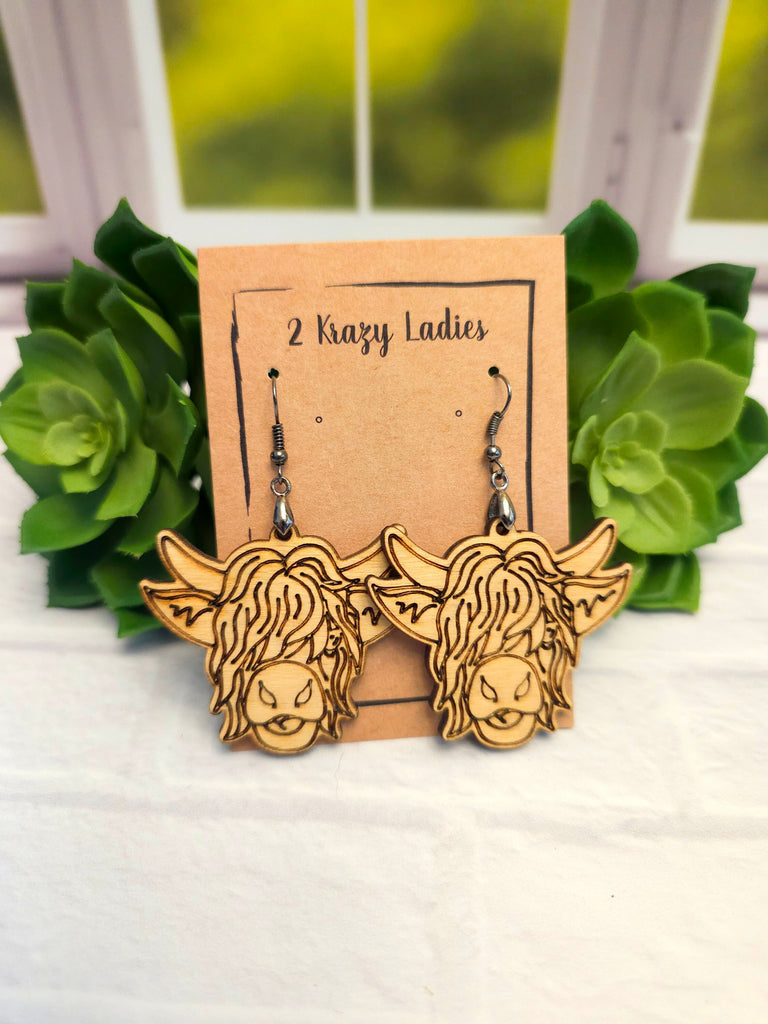 Wood Handmade Highland Cow Dangle Earrings | Cute Cow Engraved Hanging Earrings | Beautiful Jewelry Gift | Lightweight Wood Earrings