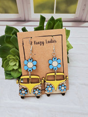 Wood Handmade Hippie Van Dangle Earrings | Cute Van Engraved Hanging Earrings | Beautiful Jewelry Gift | Lightweight Wood Earrings