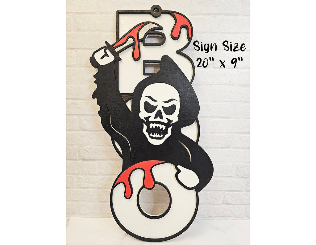 Boo Halloween Sign | Painted Custom Reaper Sign | Unique Halloween Decor | Halloween Door Decor | BOO Hanging Sign | Large 20"x9" Wood Sign