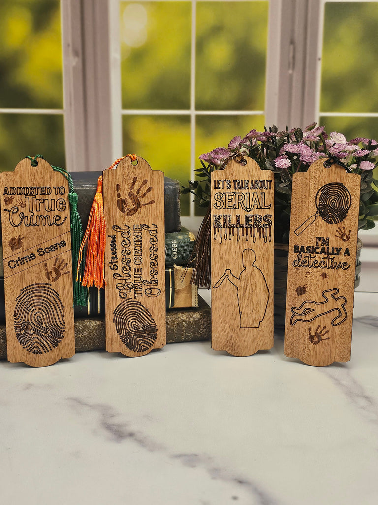 Wood True Crime Themed Bookmarks | Great Gift for True Crime Book Lovers | Set of 4 Wooden Bookmarks | True Crime Detective Serial Killer