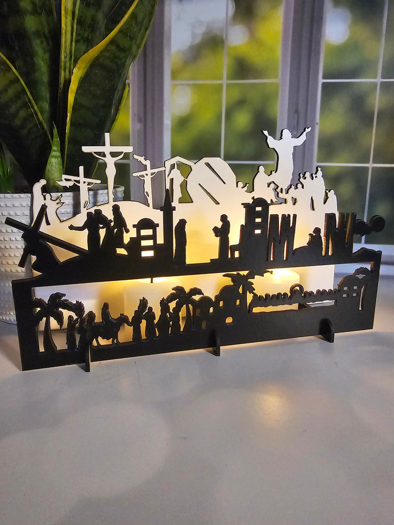 Christian Crucifixion Lantern for Easter Decor - Christ Journey Tea Light - Religious Shelf Sitter