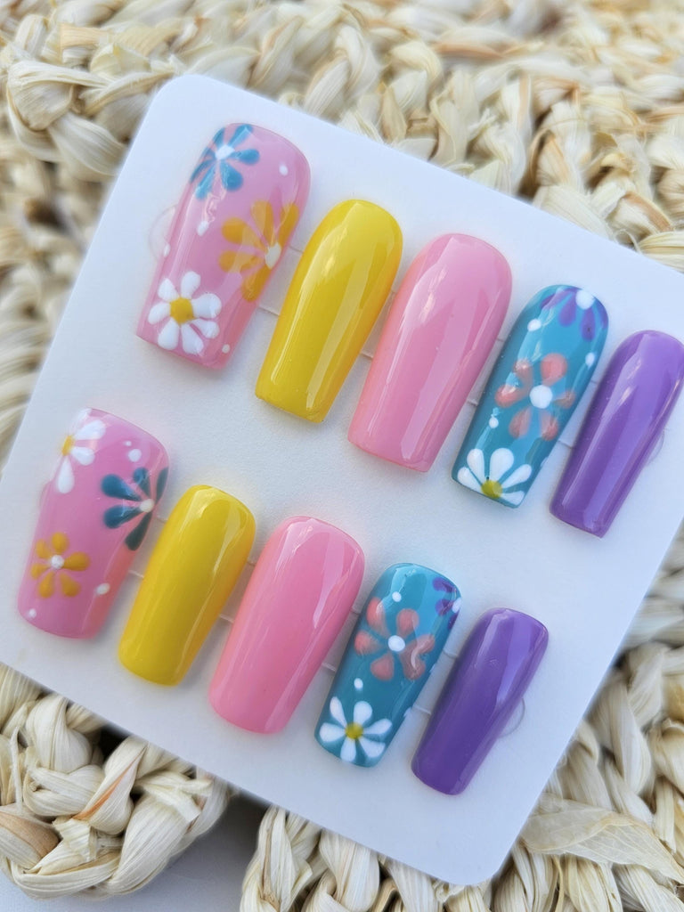 Hand Painted Press on Nails - One of a Kind Unique Nail Art - Summer Floral Nails