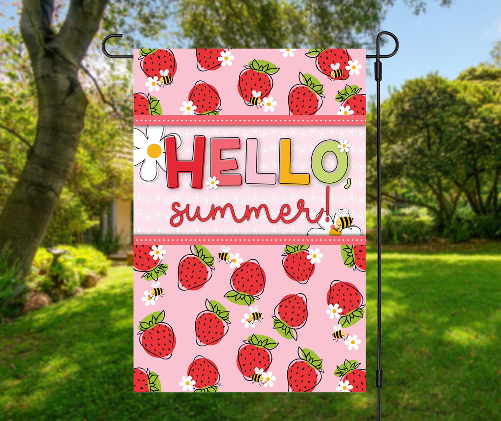 Hello Summer Garden Flag - Strawberries and Bees 12 x 18 Summer Garden Decor - Great for Patio, Garden, Yard, or Campsite