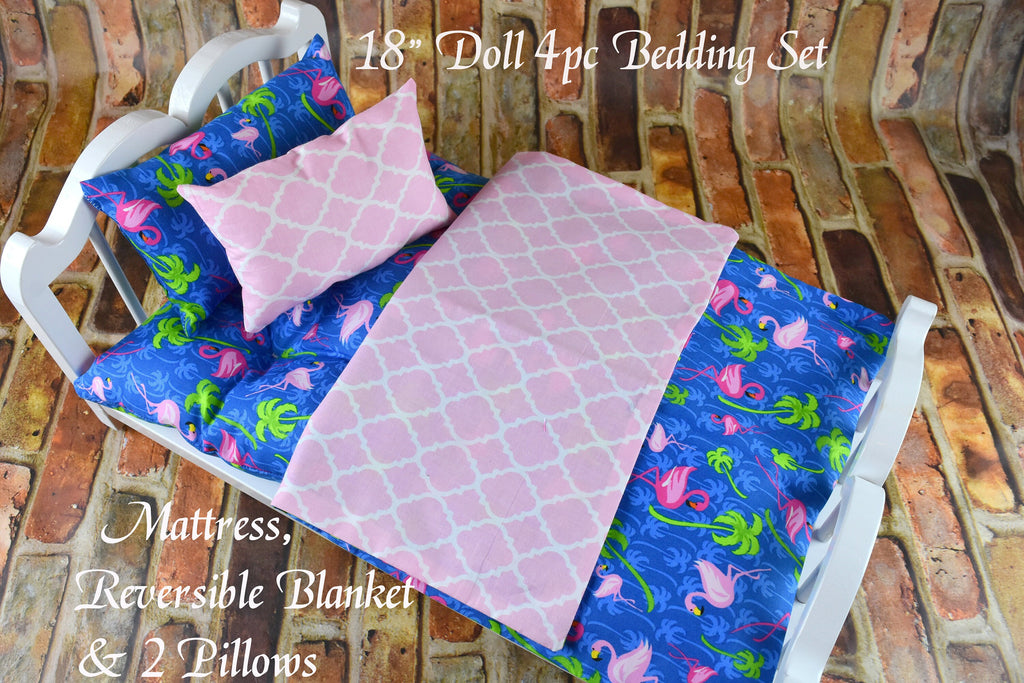 18 inch Doll Bedding - Flamingo Themed  Mattress Included  Perfect Gift for Girls and Pet Owners