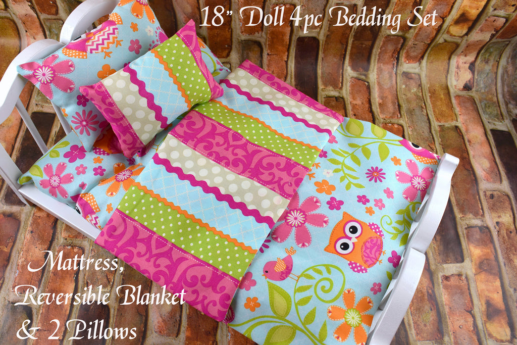 18 Inch Doll Bedding Set - Pink Owl Print Mattress for Baby Dolls