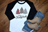 Christmas Tree Buffalo Check Raglan Shirt for Women  Holiday and Festive Top