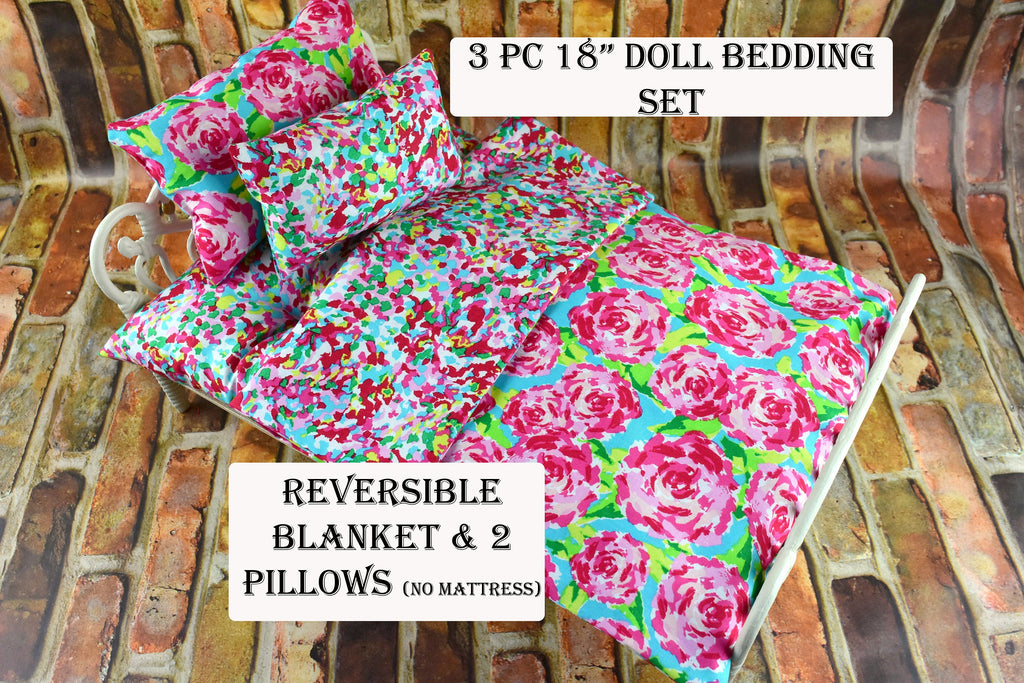 Doll Bedding Set for 18 - 20 Inch Dolls with Pink Roses Design - Perfect Gift for Girls