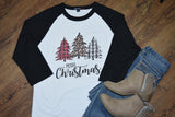 Christmas Tree Buffalo Check Raglan Shirt for Women  Holiday and Festive Top