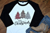 Christmas Tree Buffalo Check Raglan Shirt for Women  Holiday and Festive Top