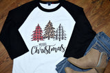 Christmas Tree Buffalo Check Raglan Shirt for Women  Holiday and Festive Top