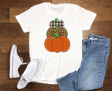 Pumpkin Fall Shirt - Stacked Pumpkins Leopard Print and Buffalo Check - Plus Size Gift for Her