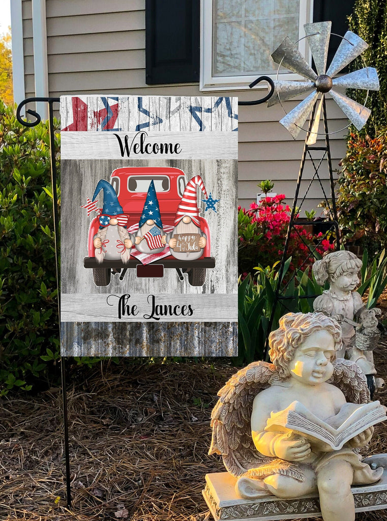 July 4th Garden Flag with Personalized Gnome Design - 12 x 18 Inches Customizable with Family Name - Holiday Decor for Your Garden
