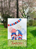 Custom July 4th 12x18 Family Name Garden Flag with Gnomes - Personalized Holiday Decor