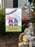 Custom July 4th 12x18 Family Name Garden Flag with Gnomes - Personalized Holiday Decor