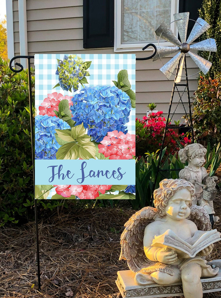 Personalized Hydrangea Garden Flag - 12x18 Welcome Flag with Custom Family Name