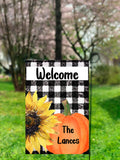 Personalized Welcome Fall Garden Flag - 12x18 Custom Family Name with Pumpkin and Sunflowers
