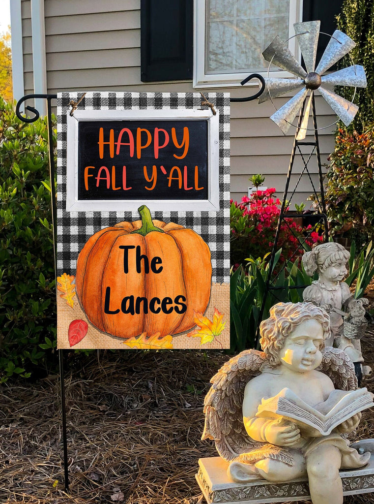 Fall Garden Flag with Customized Family Name - Personalized Welcome Design - 12x18 Size - Happy Fall Yall