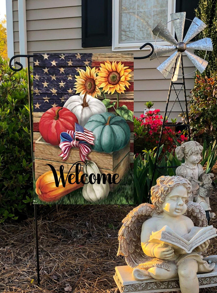 Welcome Fall Garden Flag  American Pumpkin Design  12 x 18 Inches  USA Theme  Autumn Outdoor Decor
