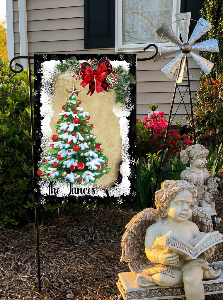 Personalized Holiday Garden Flag with Family Name  Custom Christmas Tree Design  12x18 Inches