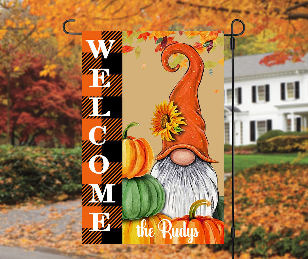 Customizable Welcome Garden Flag - Fall Design with Family Name and Gnome - 12x18 Inches