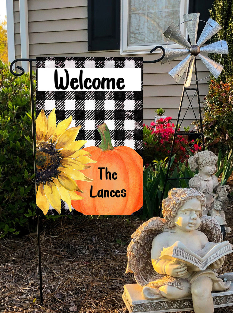 Personalized Welcome Fall Garden Flag - 12x18 Custom Family Name with Pumpkin and Sunflowers