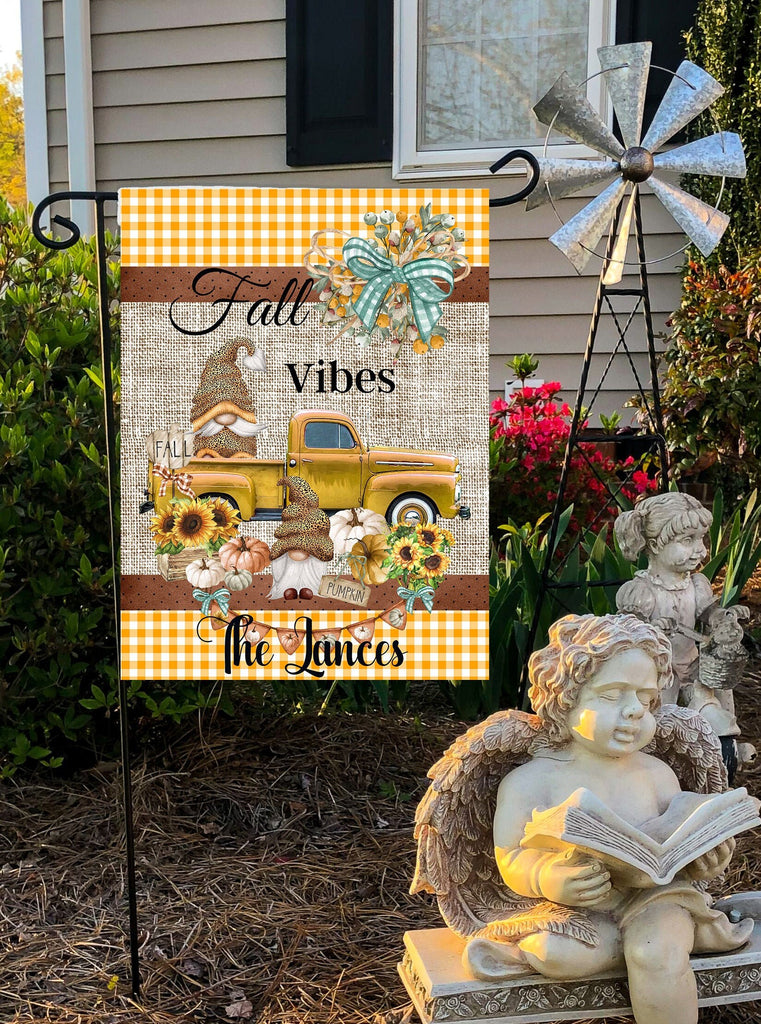 Personalized Fall Garden Flag with Welcome Gnome and Vintage Truck  Custom Family Name 12x18 Flag  Autumn Home Decor
