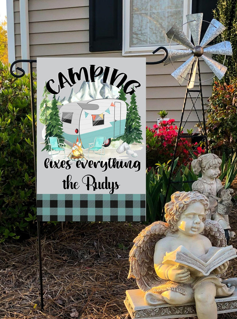 Personalized 12x18 Camper Garden Flag with Family Name  Happy Camper Design