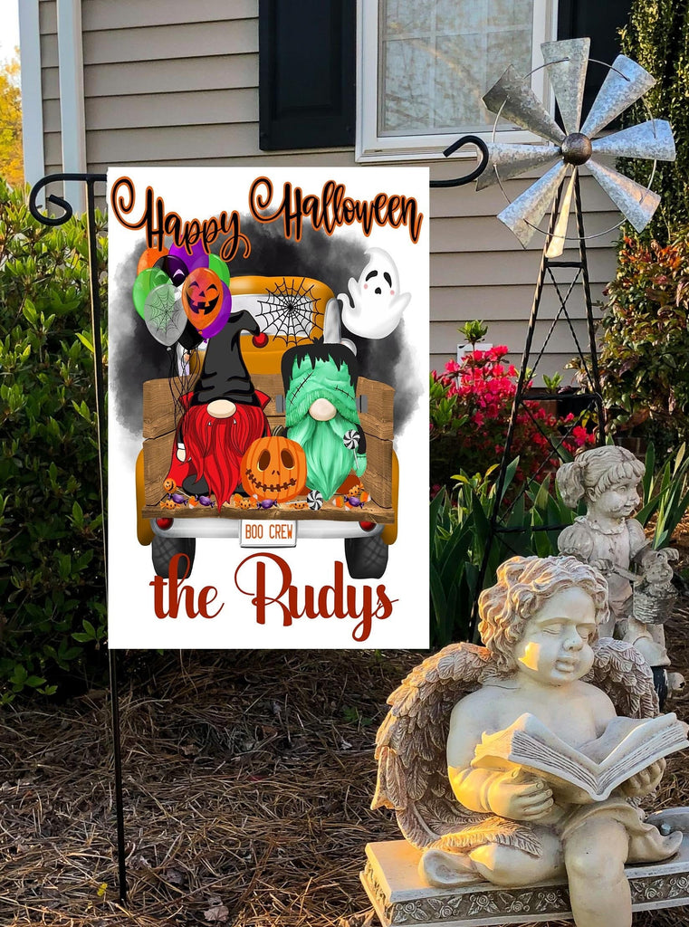 Personalized Halloween Garden Flag with Gnome  Custom Family Name  12x18  Welcome Design
