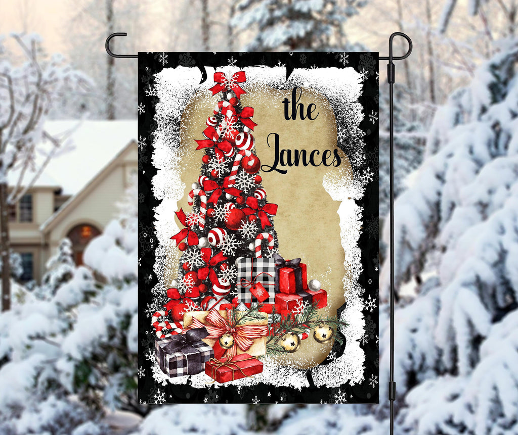 Personalized Christmas Tree Garden Flag - Custom 12x18 Holiday Decor with Family Name