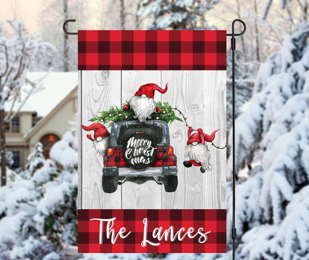 Christmas Gnome Garden Flag - Personalized Holiday Flag with Family Name - 12x18 Custom Flag