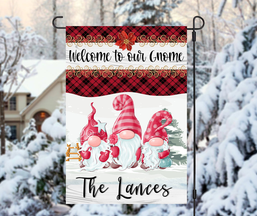 Personalized Christmas Gnome Garden Flag - Customizable 12x18 Holiday Flag with Family Name