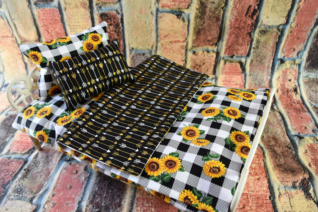 Sunflower Buffalo Check Doll Bedding Set for 18" Dolls | Mattress Blanket and Pillows | Perfect Birthday or Christmas Gift