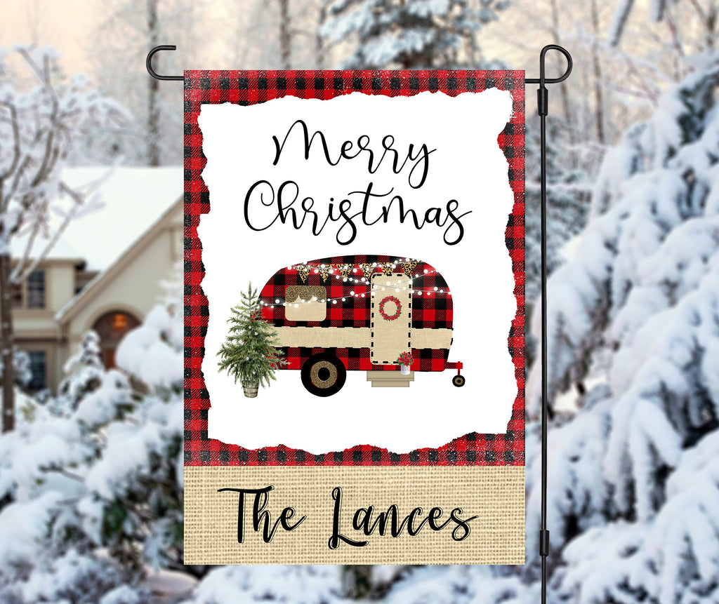 Christmas Camper Garden Flag  Customizable  12x18  Family Name  Holiday Decor